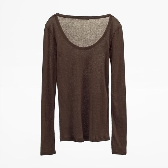 Zara Brown Ribbed Cotton T-Shirt - Picture 5 of 6